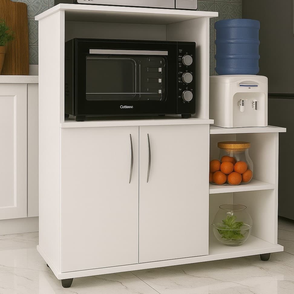 Balcão organizador branco com micro-ondas, fruteira e suporte para cafeteira.
