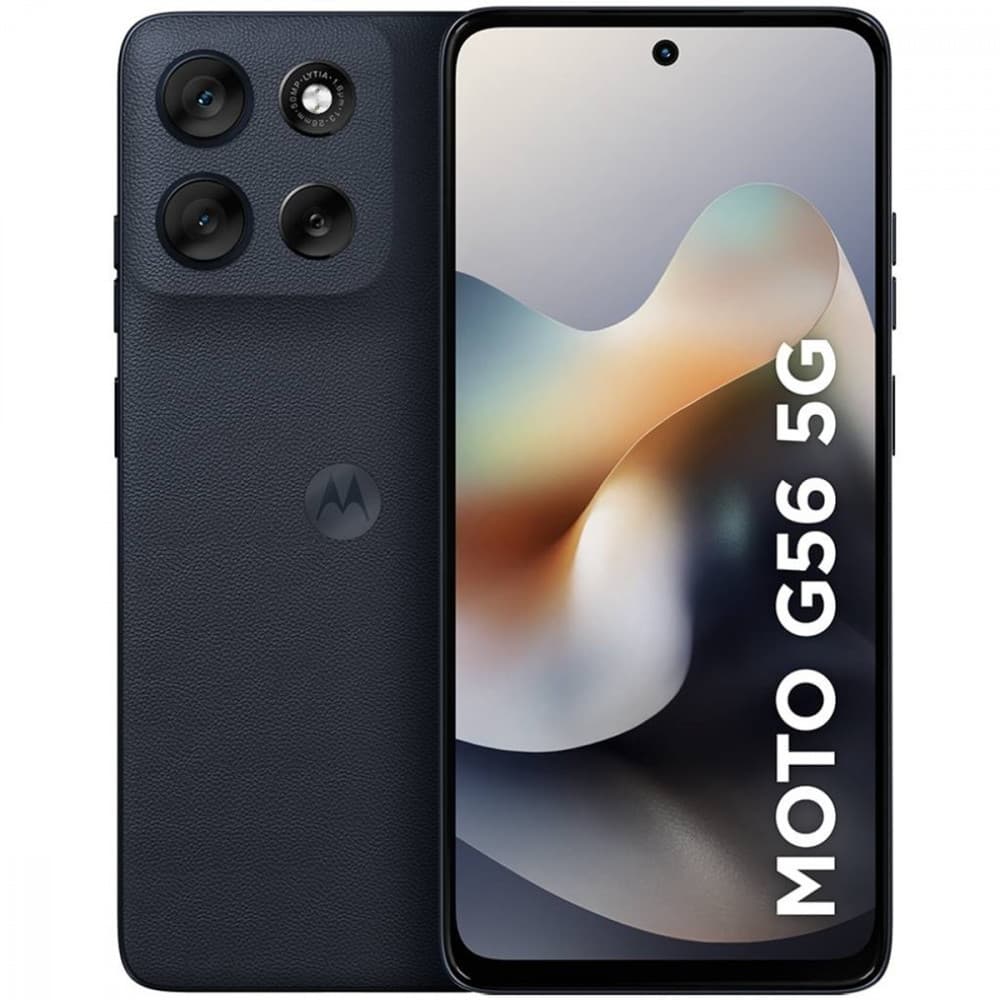 Smartphone Motorola Moto G56 5G 256GB 24GB 8GB RAM com design em couro preto e câmera quádrupla