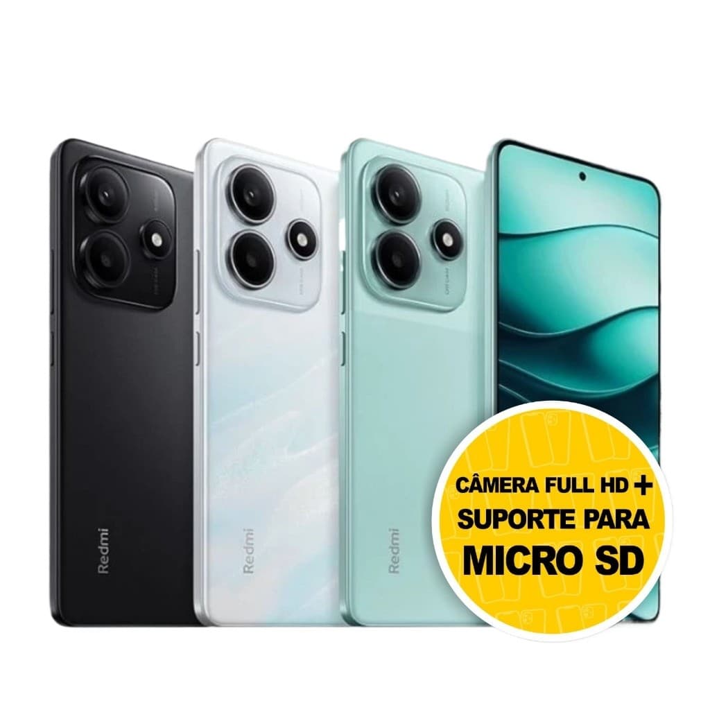 Xiaomi Redmi Note 14 em preto, branco, verde e com tela azul, com câmaras traseiras e suporte para micro SD.