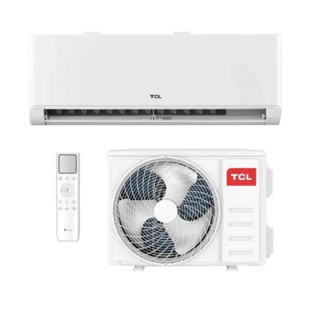 Ar condicionado inverter TCL 12000 Btus, branco, controle remoto e ventilador visível, fundo branco