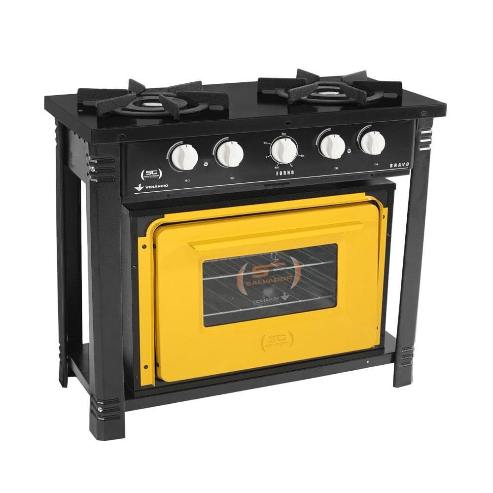 Fogão Industrial Preto a Gás com Forno Amarelo 2 Bocas Duplas Bravo BR2BF - Venâncio