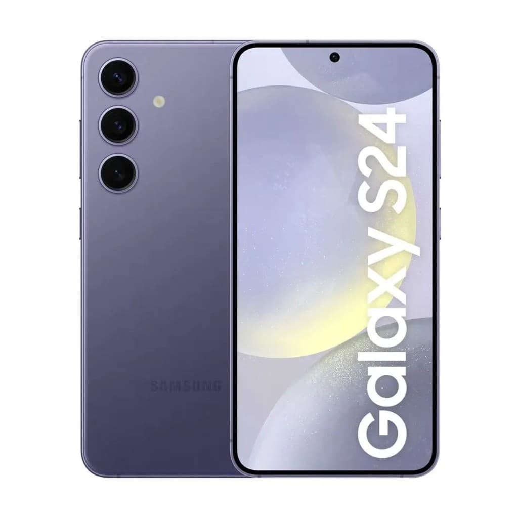 Smartphone Samsung Galaxy S24 128 GB violeta, verso com câmera e logotipo