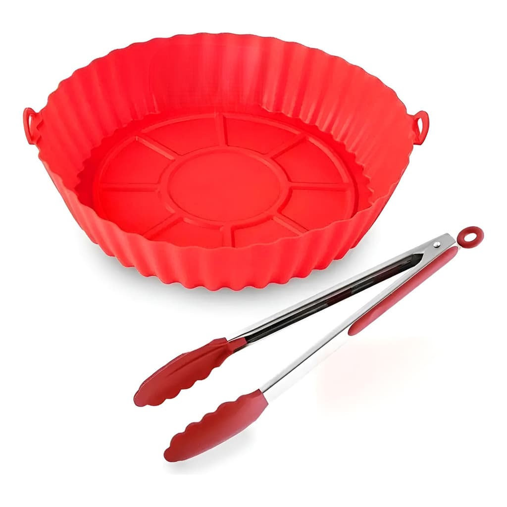 Forma de silicone vermelha para airfryer 20cm e pegador de silicone vermelho 21cm com design anti-arranhão