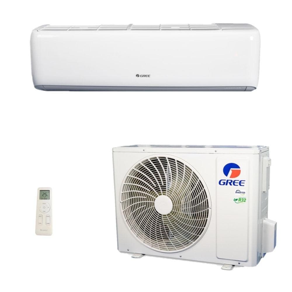 Ar Condicionado Inverter Gree G-Top Auto 30000 Frio 220v R-32 Wi-Fi, unidade externa e interna branca com controle remoto.