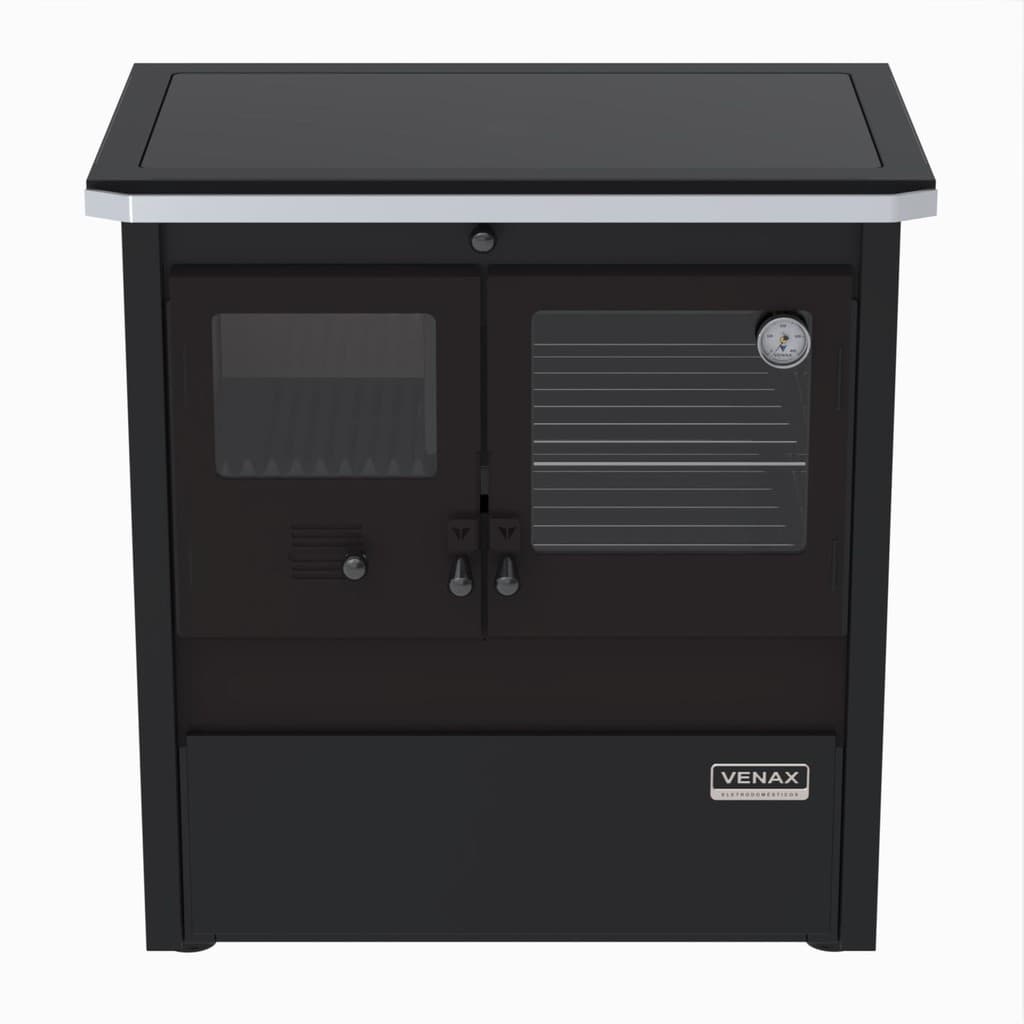 Fogao a lenha Venax n. 2 Le Corbusier em preto, dupla combustao com porta de vidro e controle de temperatura