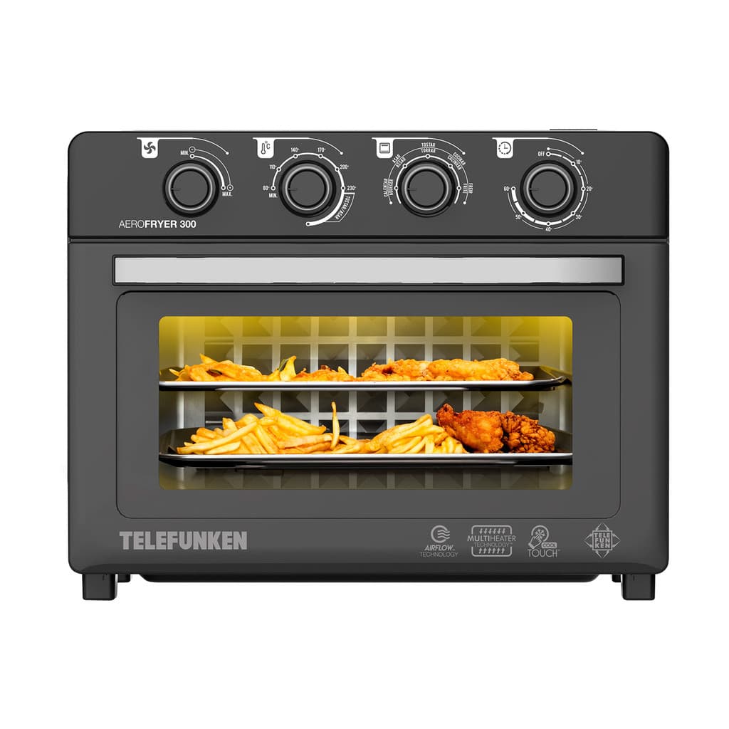 Forno com Air Fryer Telefunken 30 Litros Aero Fryer 300 preto com porta aberta