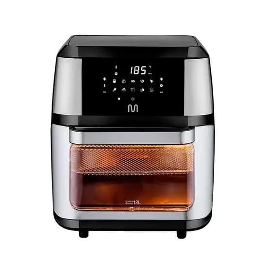 Air fryer digital Multilaser 1700W 12L com painel digital mostrando 185 graus Celsius