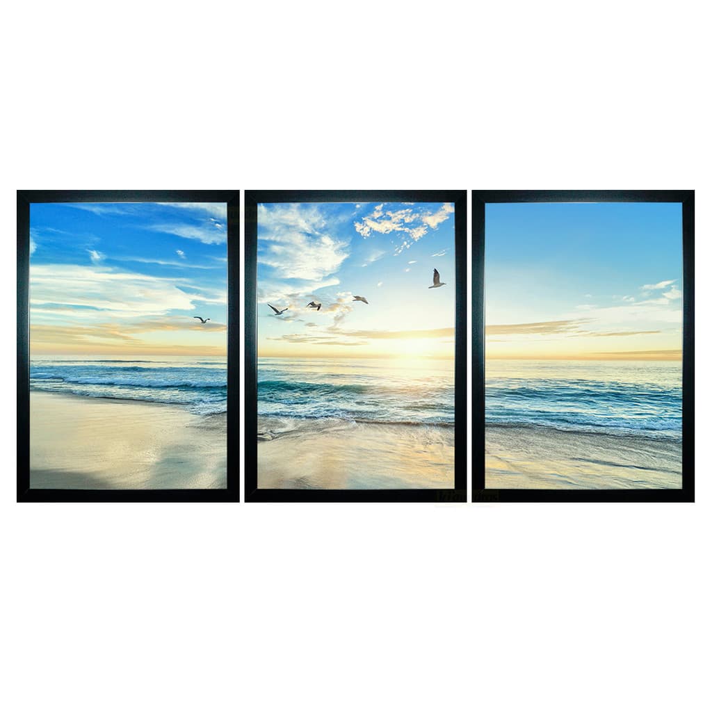 Três quadros decorativos com paisagem marítima ao pôr do sol