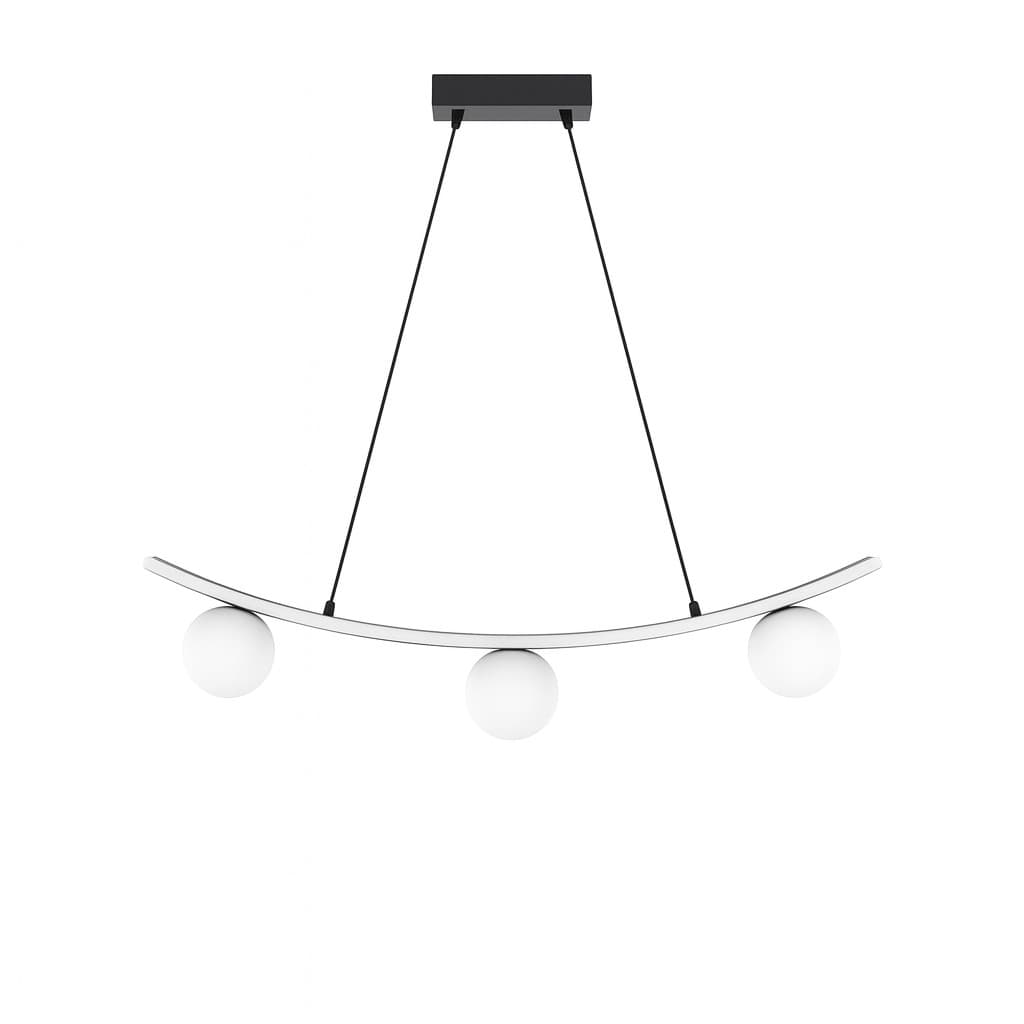 Lustre pendente curvo moderno com três globos LED brancos