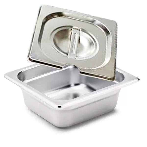 Cuba gastronômica GN 1/6x65 mm em aço inoxidável com tampa e abertura para colher, 1,0 litro