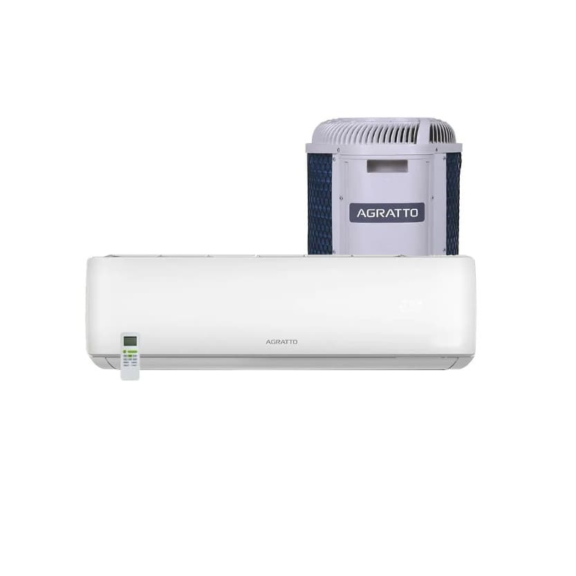 Ar Condicionado Agratto Split Inverter 9000 Btu Frio 220V, unidade externa cinza e azul, unidade interna branca.