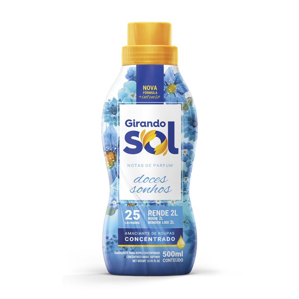 Amaciante Concentrado Doces Sonhos Girando Sol 500Ml, Amaciante De Roupas Concentrado, Azul, Nova Fórmula E Mais Intenso