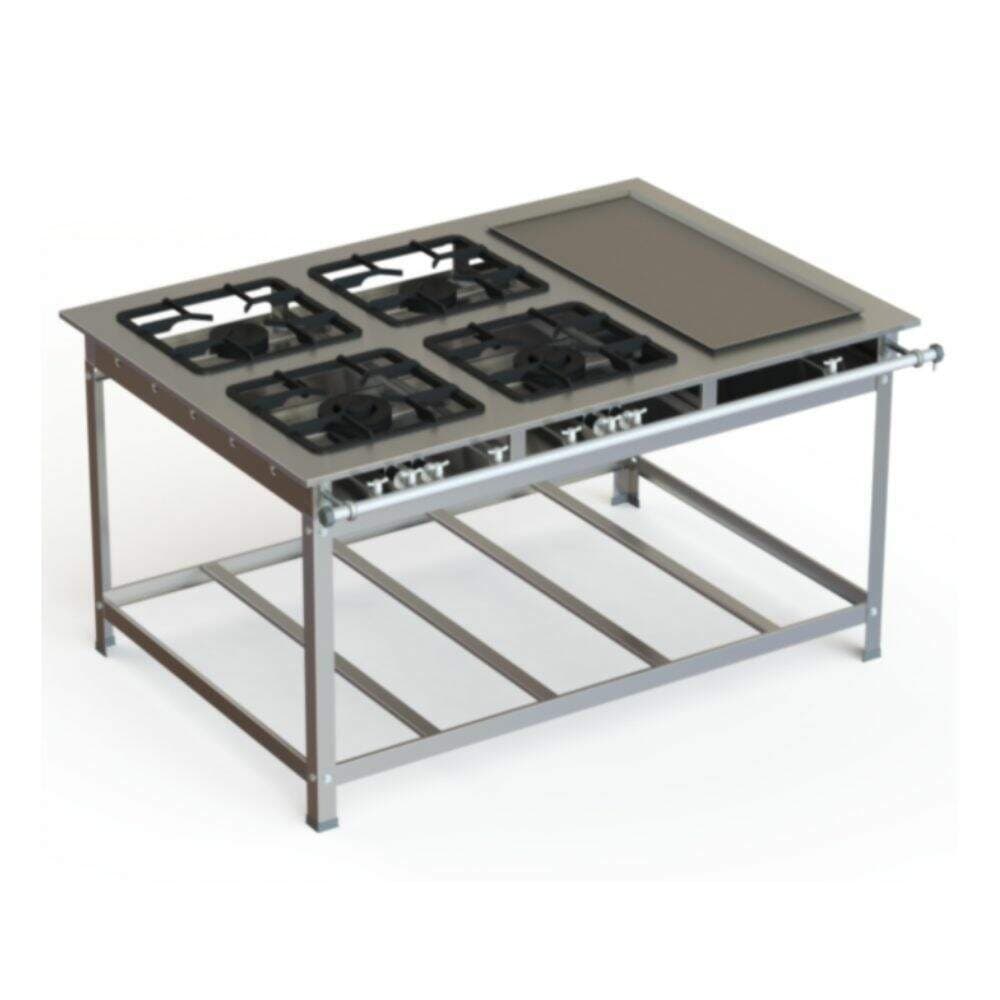 Fogão industrial de aço inoxidável com quatro bocas e chapa, fundo branco