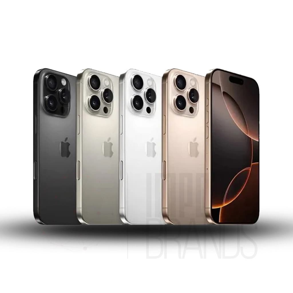 Cinco iPhones 16 Pro e Pro Max em preto, prata, branco, dourado e grafite alinhados horizontalmente