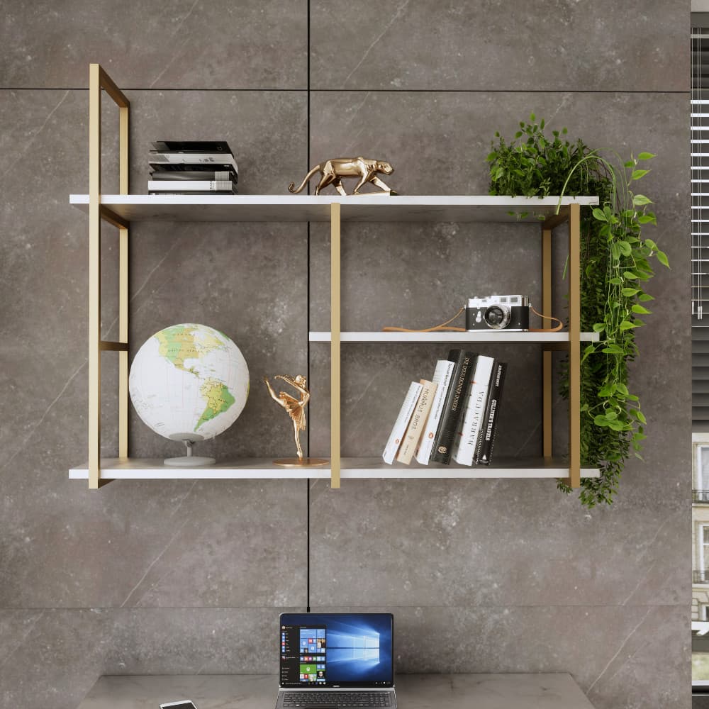PRATELEIRA INDUSTRIAL - SUPORTE em  METALON DOURADO - NICHO INDUSTRIAL - 3 Prateleiras em MDF