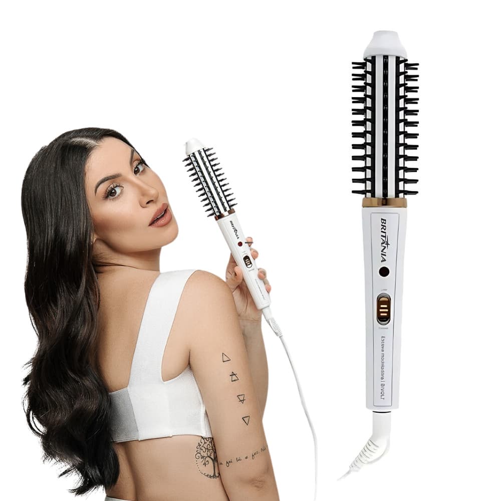Escova Modeladora Cabelos Bivolt Britânia Branca Antiaderente 60W BEC04 2 em 1 Alisa Escova Brilho Modelagem Prática