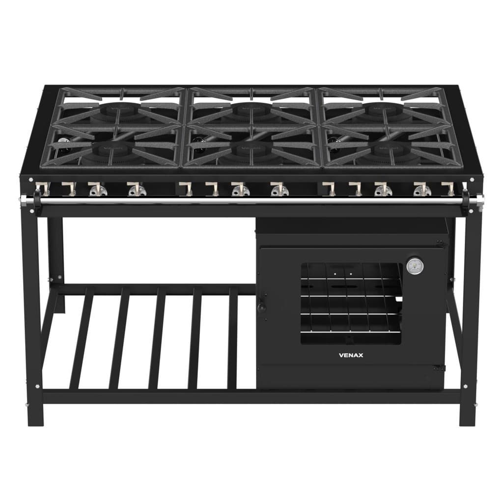 Fogão a gás industrial 6 bocas Venax FFI640, preto, com forno e queimadores visíveis