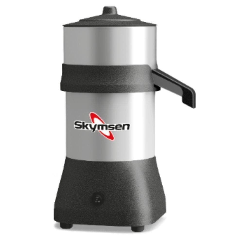 Extrator de suco Skymsen em aço inoxidável e preto, com logotipo vermelho.