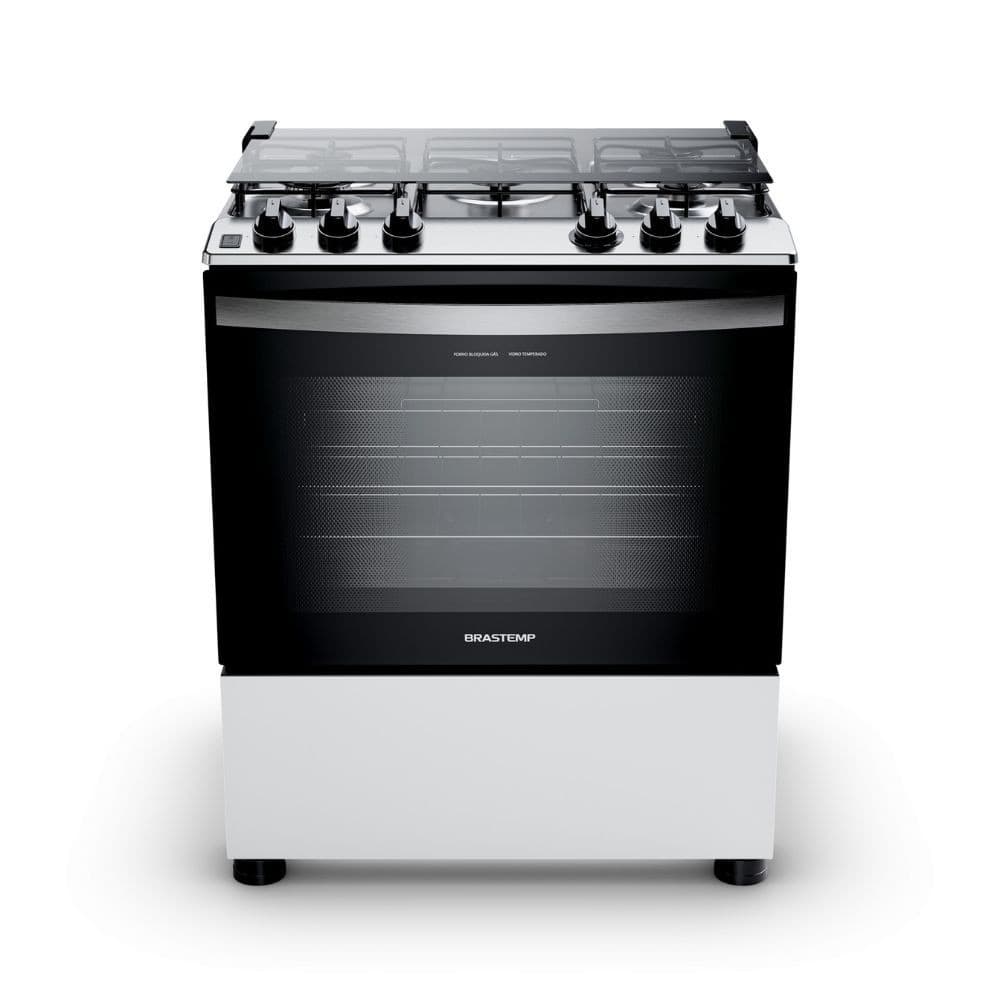 Fogão Brastemp 5 Bocas Mesa Inox BFS5NDB, aço inoxidável e vidro preto, controles pretos, base branca, texto BRASTEMP