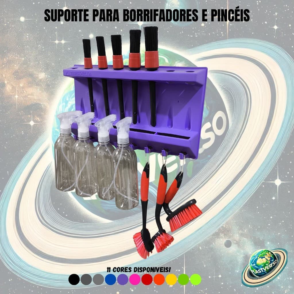 Suporte para pincéis, borrifadores e escovaões para estética automotiva em cores variadas, com fundo espacial.