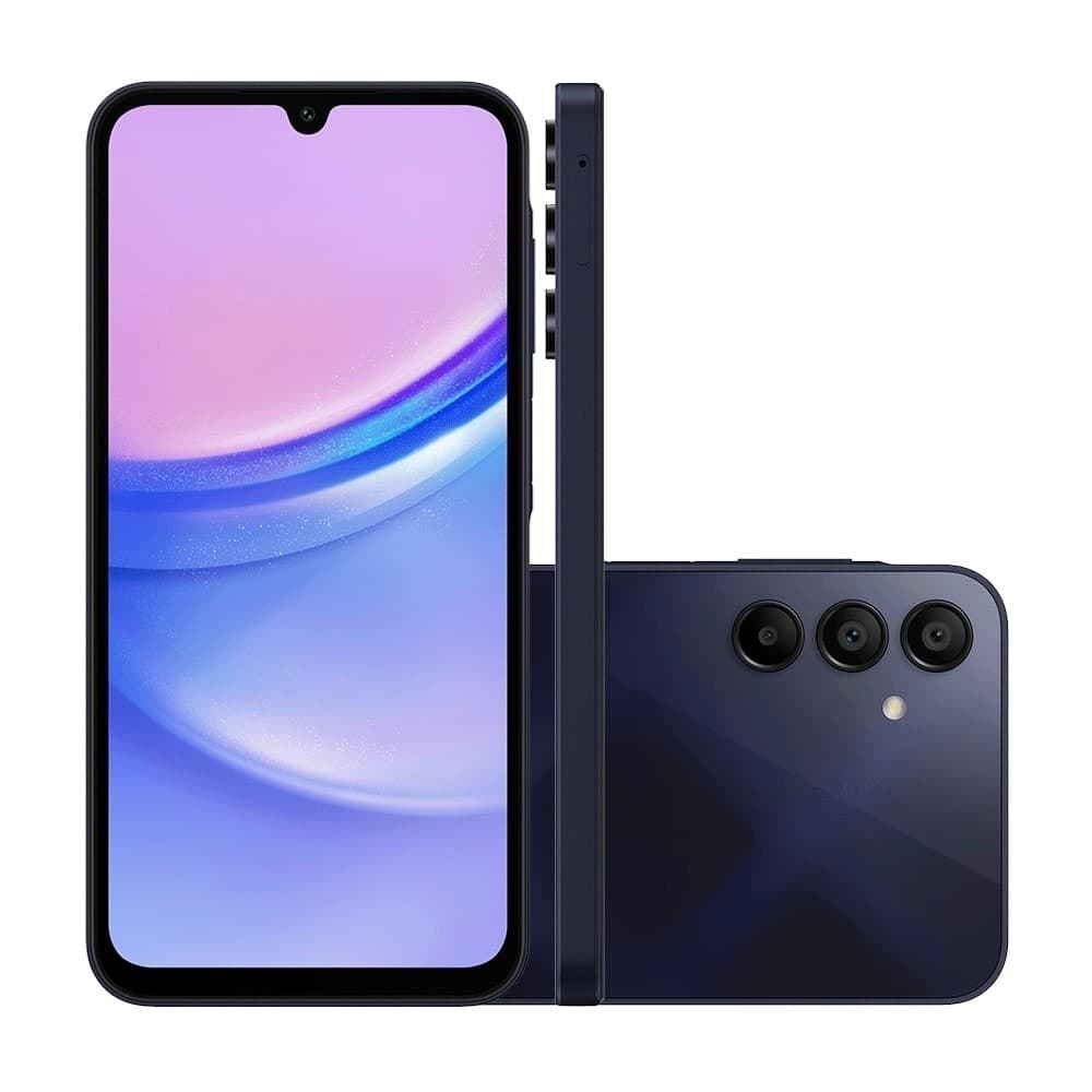 Imagem frontal e traseira do smartphone Samsung Galaxy A15 4G com fundo branco