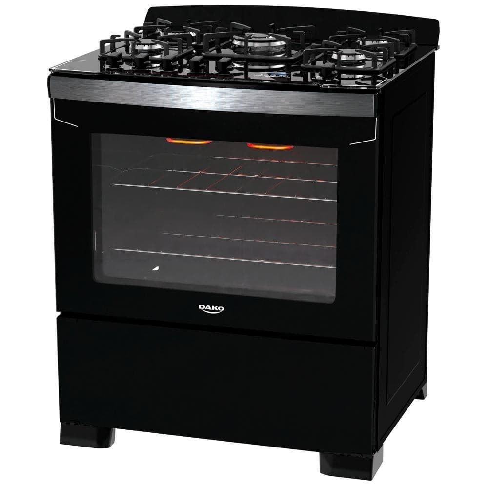 Fogão de 5 bocas preto com frente em vidro preto, forno a gás, visualização interna, controle frontal