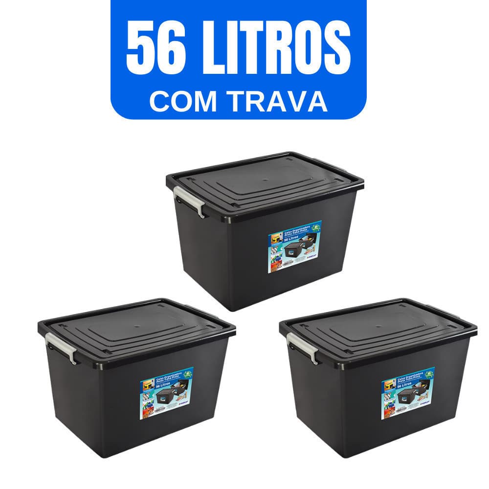 Kit de 3 caixas organizadoras pretas com tampa e trava, 56 litros cada, fundo branco