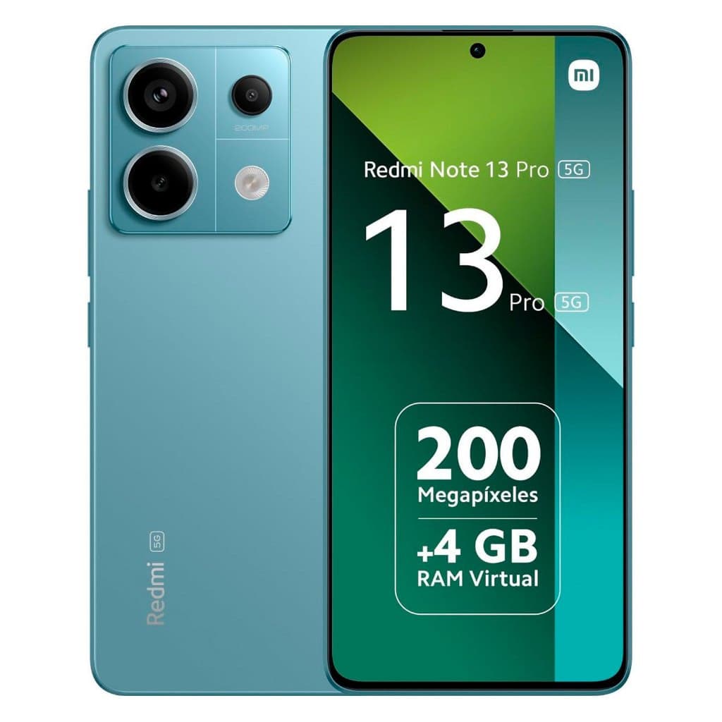 Smartphone Xiaomi Redmi Note 13 Pro 5G em ciano com câmera traseira tripla e display com informações técnicas