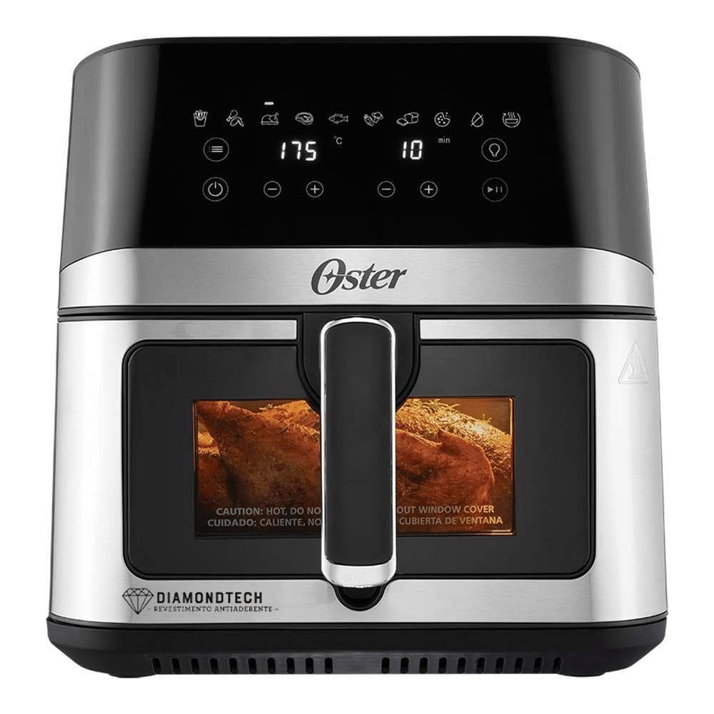 Fritadeira Oster Inox Diamondtech 7,5L com visor transparente, mostrando frango assado.