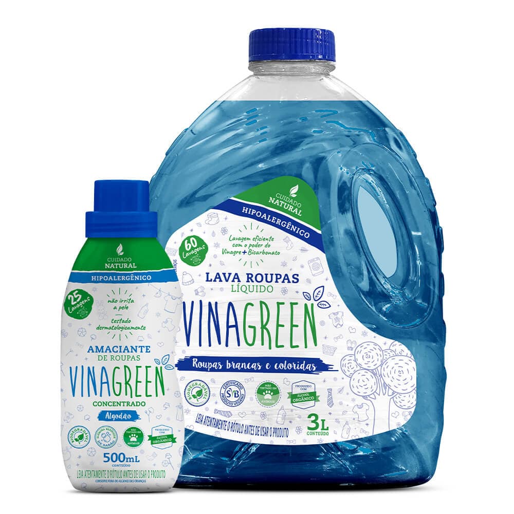 Combo Vinagreen Lava Roupas 3 l + Amaciante Concentrado de Algodão 500 ml