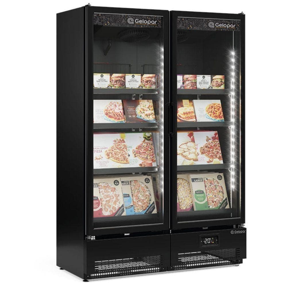 Freezer vertical preto Gelopar com iluminação interna e portas de vidro transparente, expositor de 957 litros.