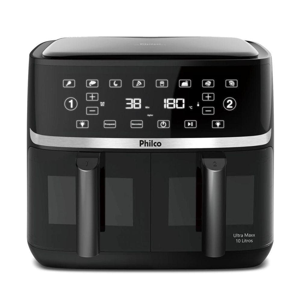Fritadeira de ar Philco 10L com cesto duplo, preta e prata, controle digital