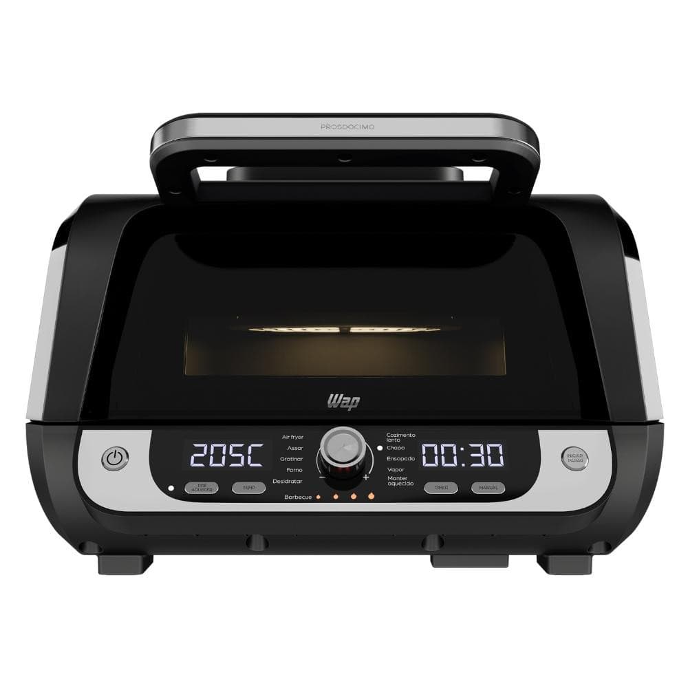 Fritadeira elétrica Wap AirFryer Barbecue Digital 12 em 1 1700W - 220V, preto e prata, com display digital e controles visíveis.