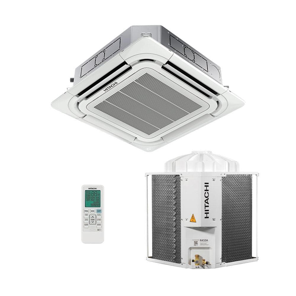 Conjunto de ar condicionado Hitachi Cassete 4 Vias Air Core 55000 BTUs Frio 220V Trifásico com controle remoto.