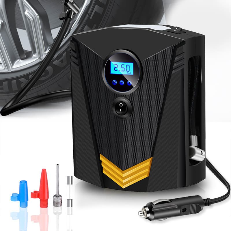 Compressor de ar digital portátil preto e amarelo com tela azul e conectores