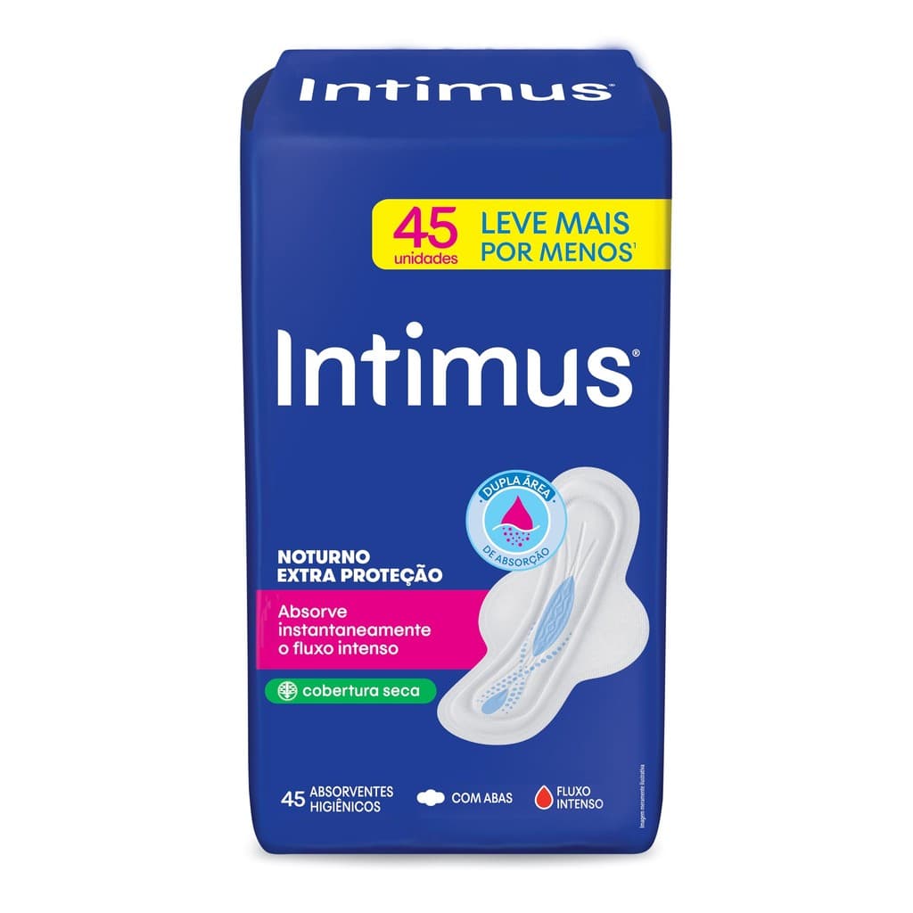 Absorvente Intimus Noturno Extra Proteção Fluxo Intenso Cobertura Seca Com Abas Com 45 Unidades