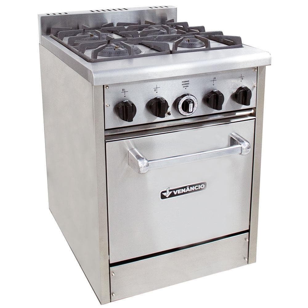 Fogão profissional Venâncio 4 bocas com forno, aço inoxidável, gás GLP