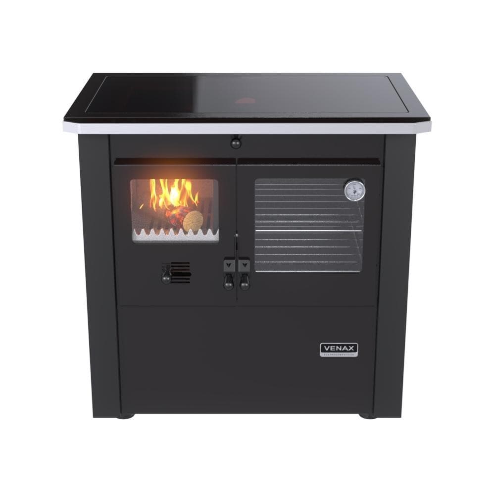 Fogao a lenha Venax n 2 Le Corbusier Preto com forno e chama acesa