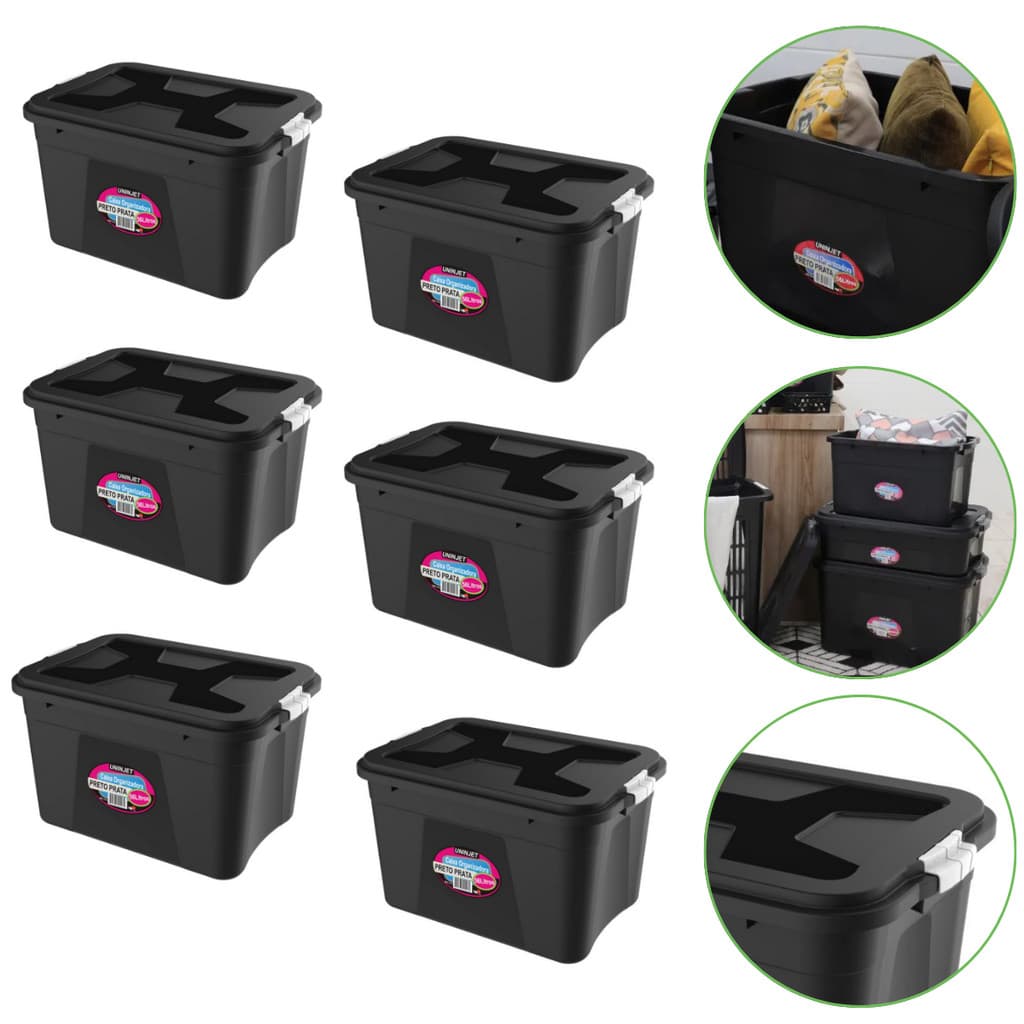 Kit 6 caixas organizadoras 56 litros pretas com trava, ângulos múltiplos, fundo branco
