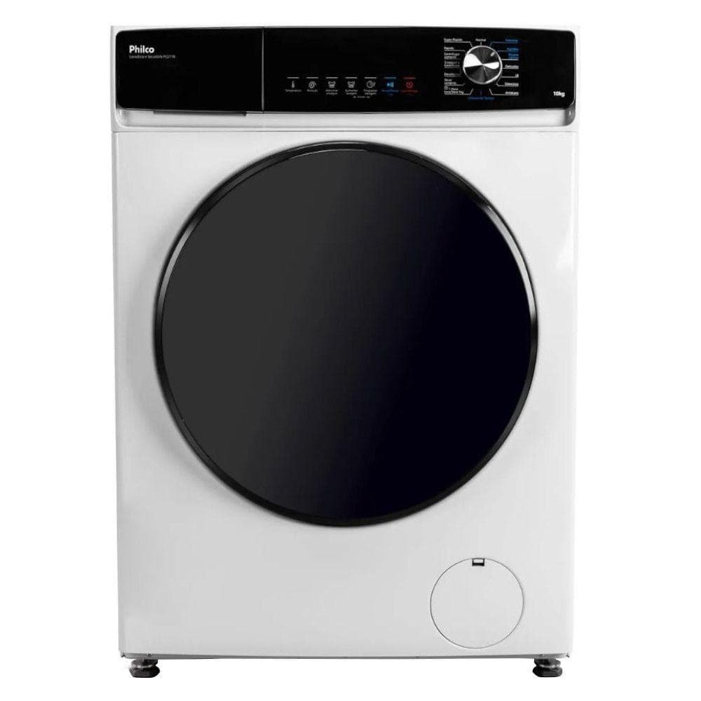 Lava e Seca Philco PLS11B 10kg com tecnologia InvertPlus e Optimuwash, máquina frontal com porta de vidro preto, painel digital, fundo branco.