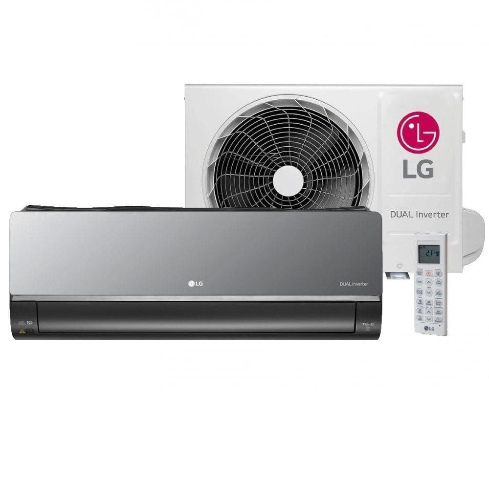 Ar-condicionado LG DUAL Inverter Voice + AI ARTCOOL 24.000 BTU, unidade externa branca e interna cinza