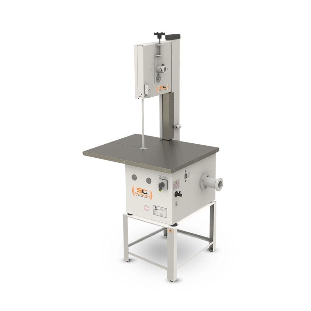 Serra de fita de mesa branca com base metálica cinza em fundo branco