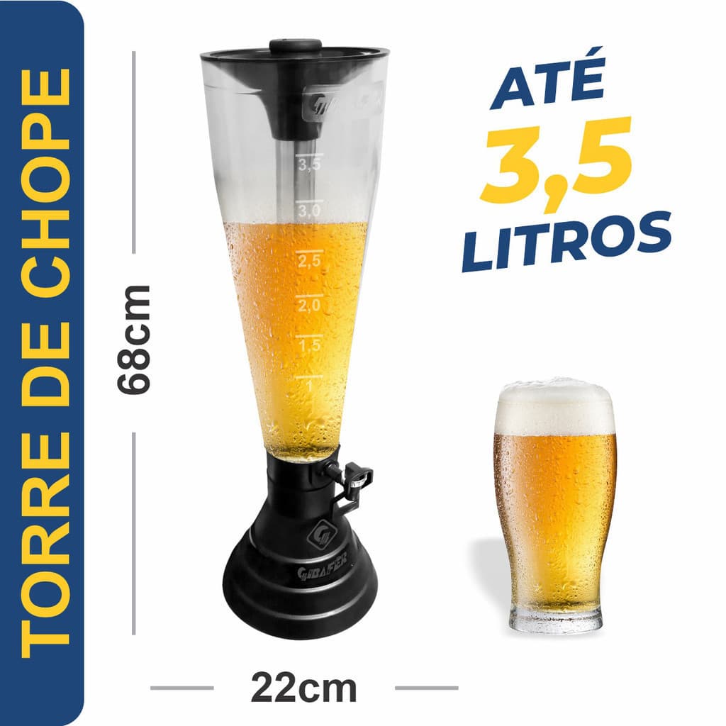 Torre de chopp 3,5 litros com tubo de gelo, capacidade total, copo cheio de cerveja, 68 cm altura, 22 cm largura