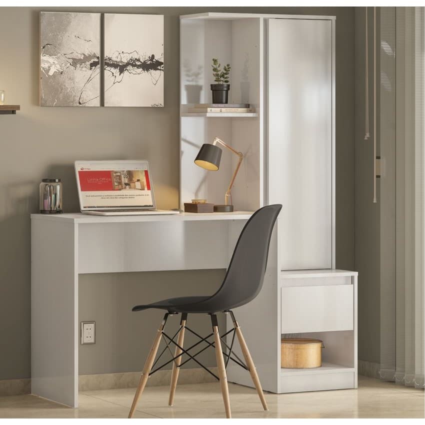 Escrivaninha branca com armário alto e compartimentos na lateral para quarto e sala moderna.
