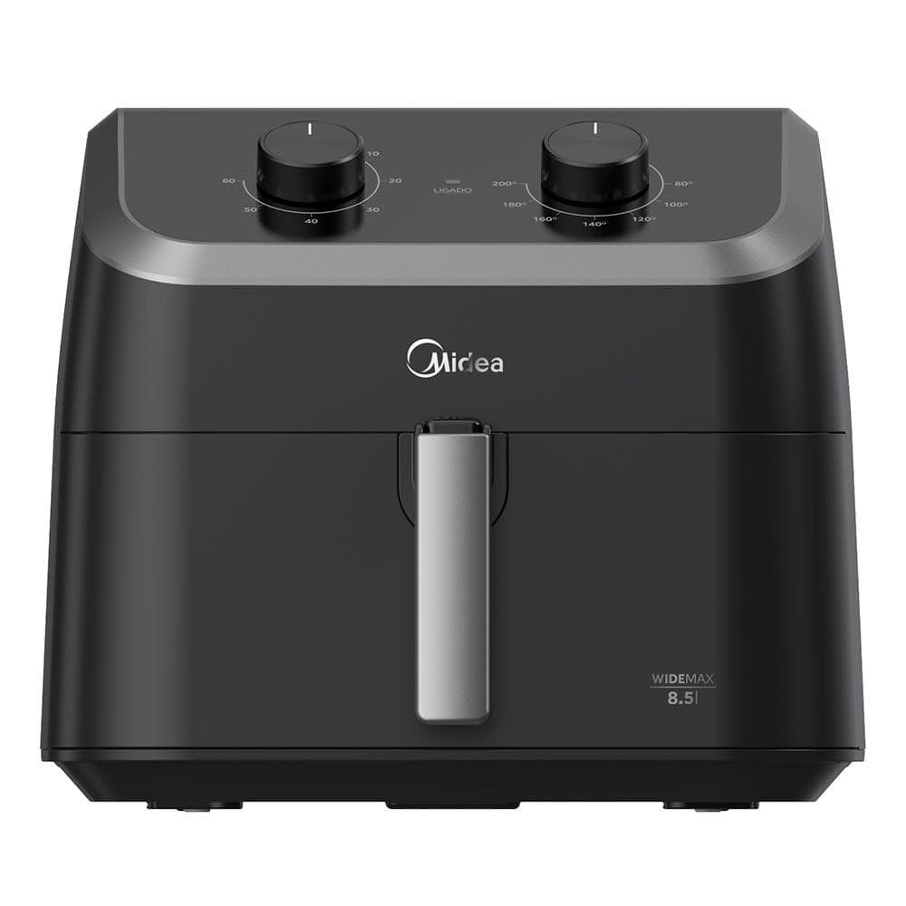 Fritadeira Air Fryer Midea Widemax FWM85P preta e cinza metálico, frontal com botões de controle e logotipo Midea visível.