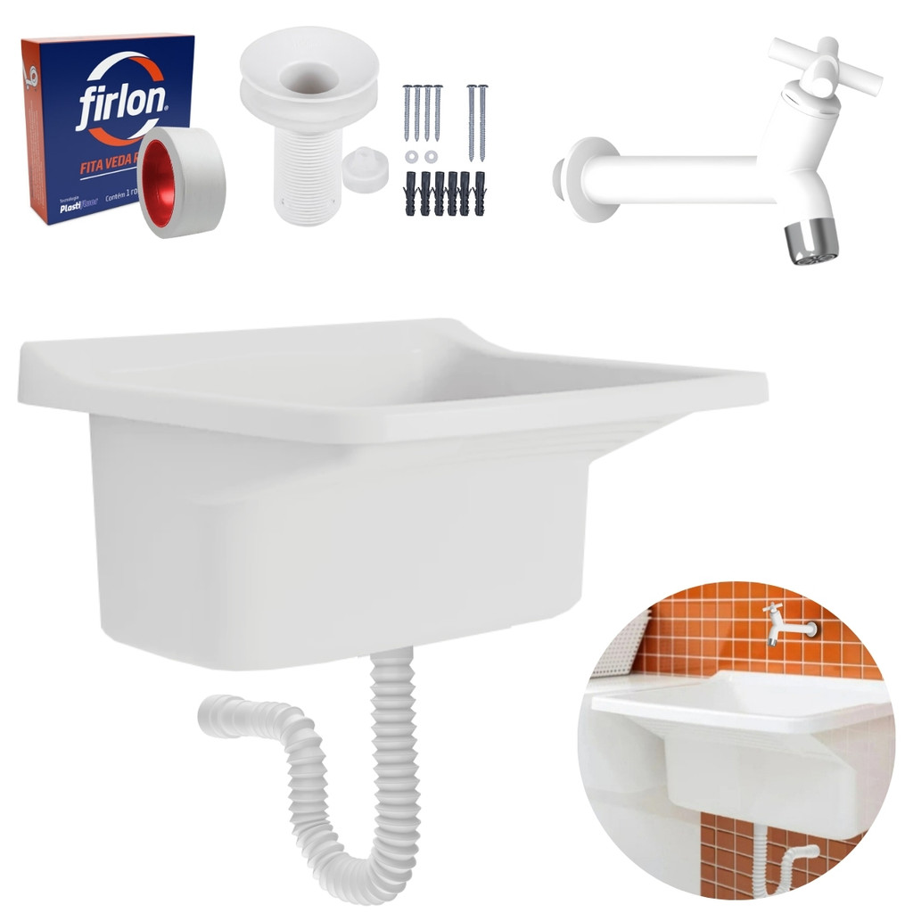 Tanque Plástico 34L Para Lavanderia Branco + Sifão Universal Sanfonado + Veda Rosca + Torneira Branca
