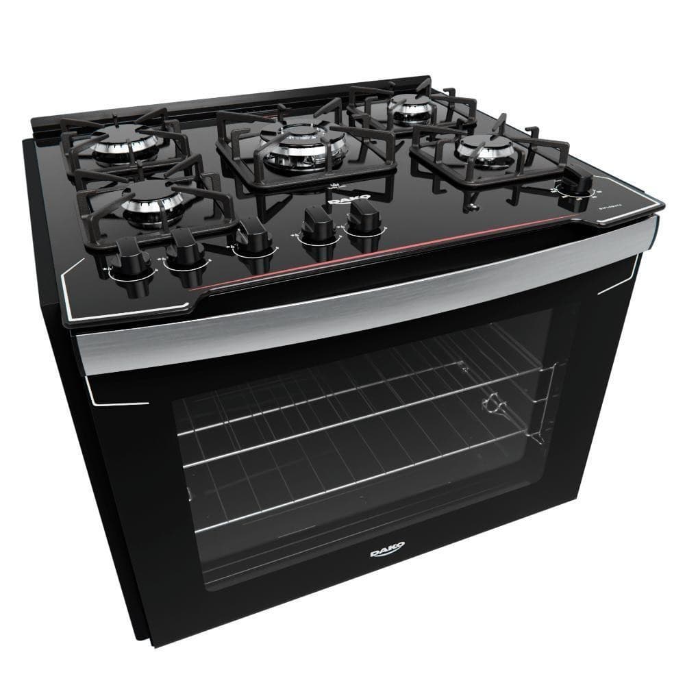 Fogão de embutir preto Dako com mesa de vidro e forno visível