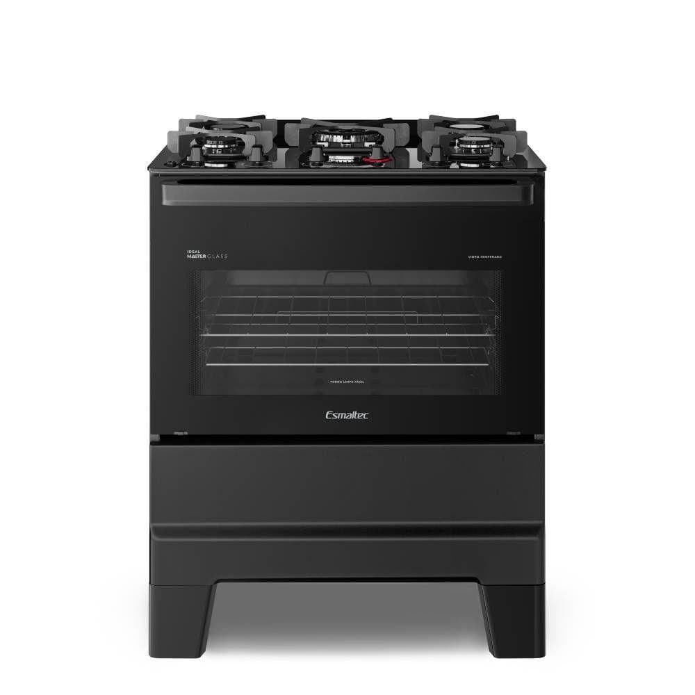 Fogão Esmaltec Ideal Master Glass 5 Bocas Preto Bivolt com quatro queimadores e forno
