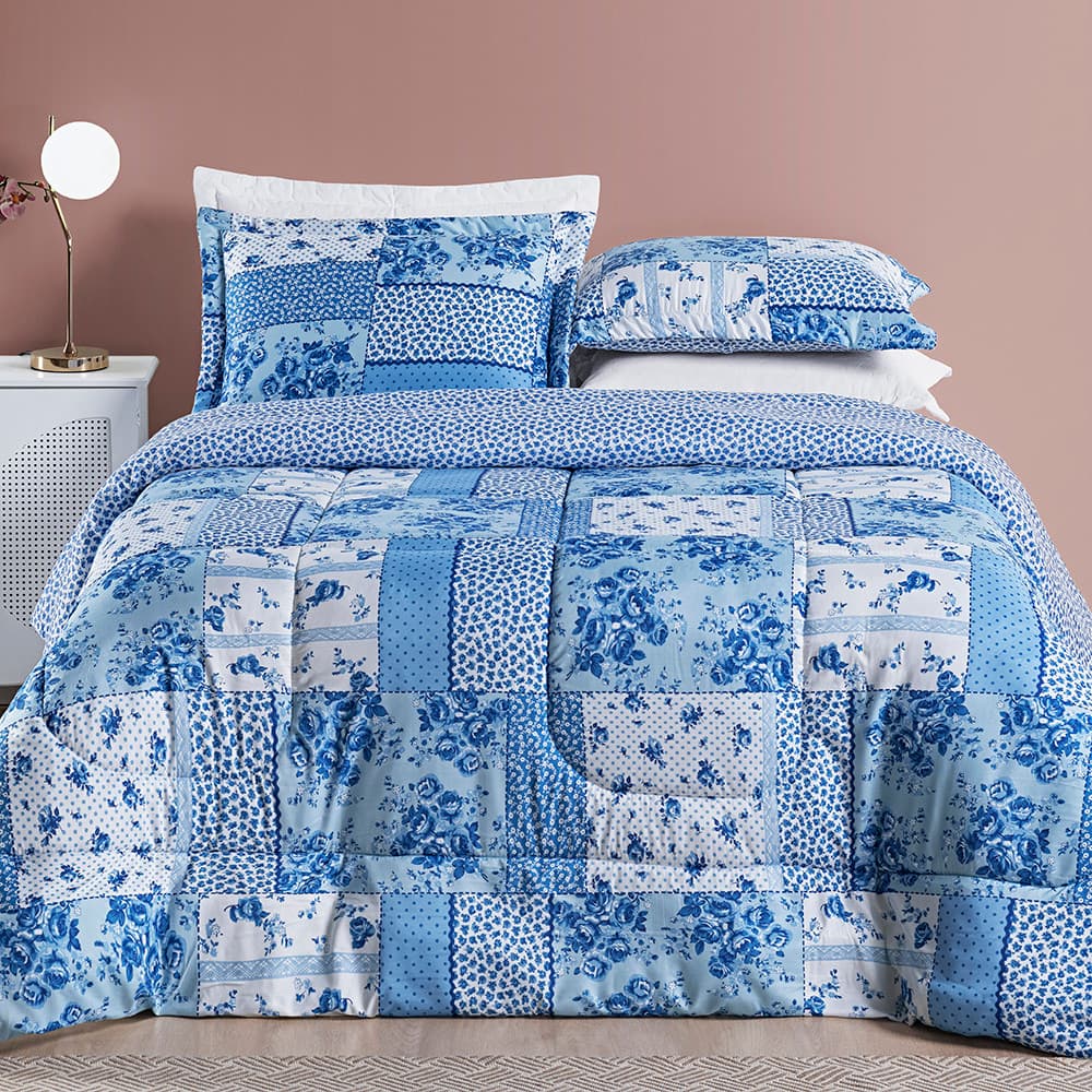 Kit edredom 3 peças dupla face com estampa floral azul e branco para cama queen