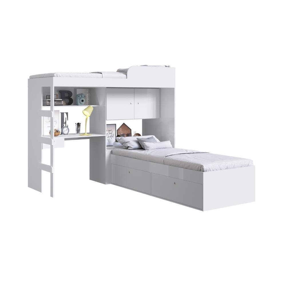 Conjunto de quarto juvenil branco com duas camas, escrivaninha e armário